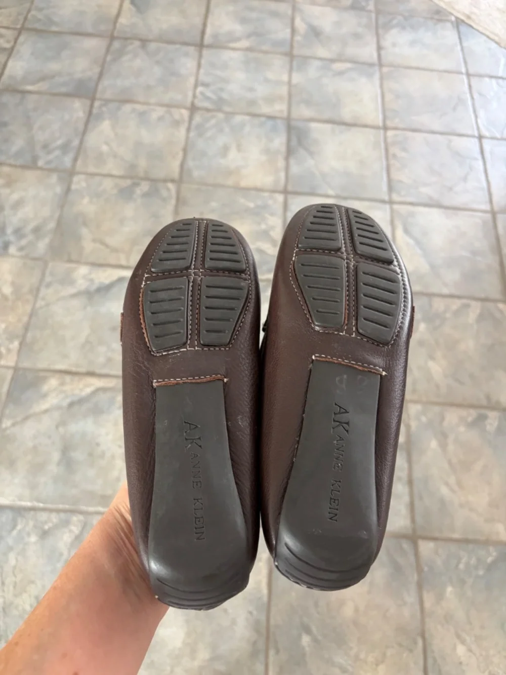 Ann Klein Davis Brown, Leather Loafers with Gold Buckle.